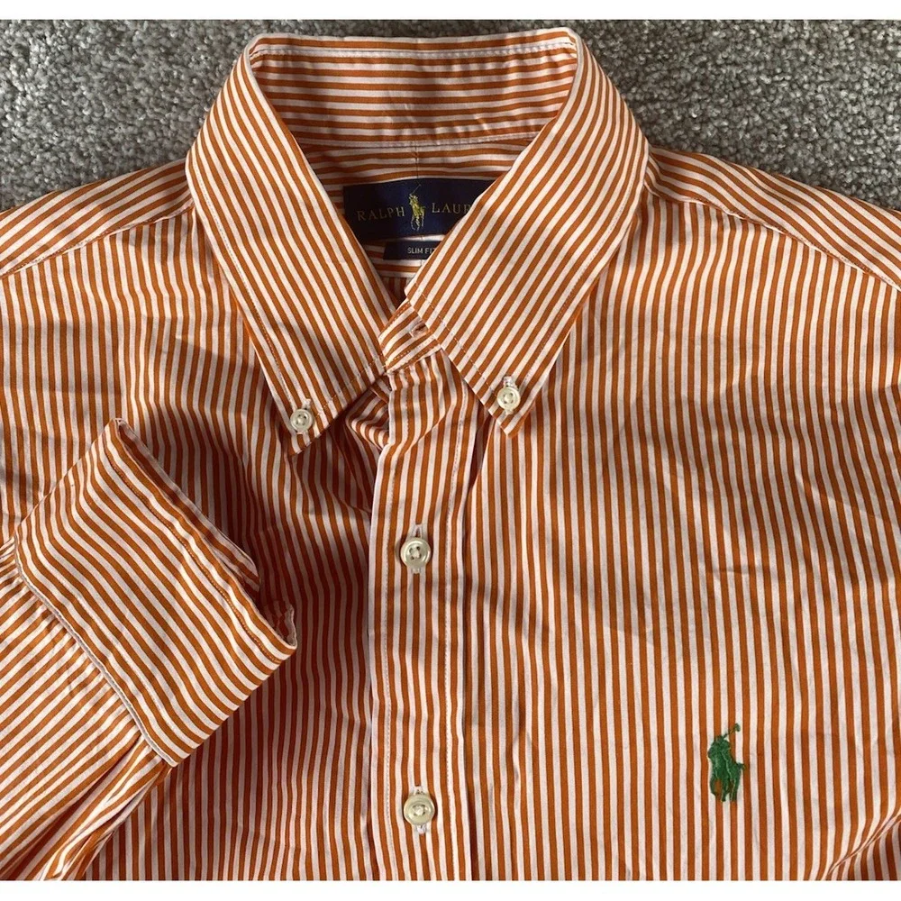 Polo Ralph Lauren Orange/White Button Down Shirt Slim Mens M Green Pony Cotton